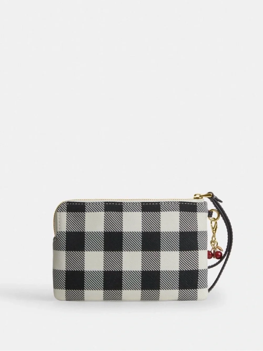 Coach Black and White Gingham Check Wristlet with Cherry Charm